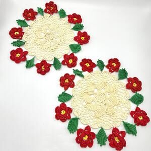 2 Vintage Handmade Crochet Flower Doilies Set Tatted Red Green Spring Roses